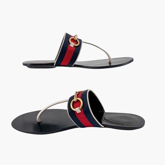 Gucci Horsebit Web Stripe Thong Flat Sandals White Flip Flop Size 38 US 8 Women - Picture 10 of 13